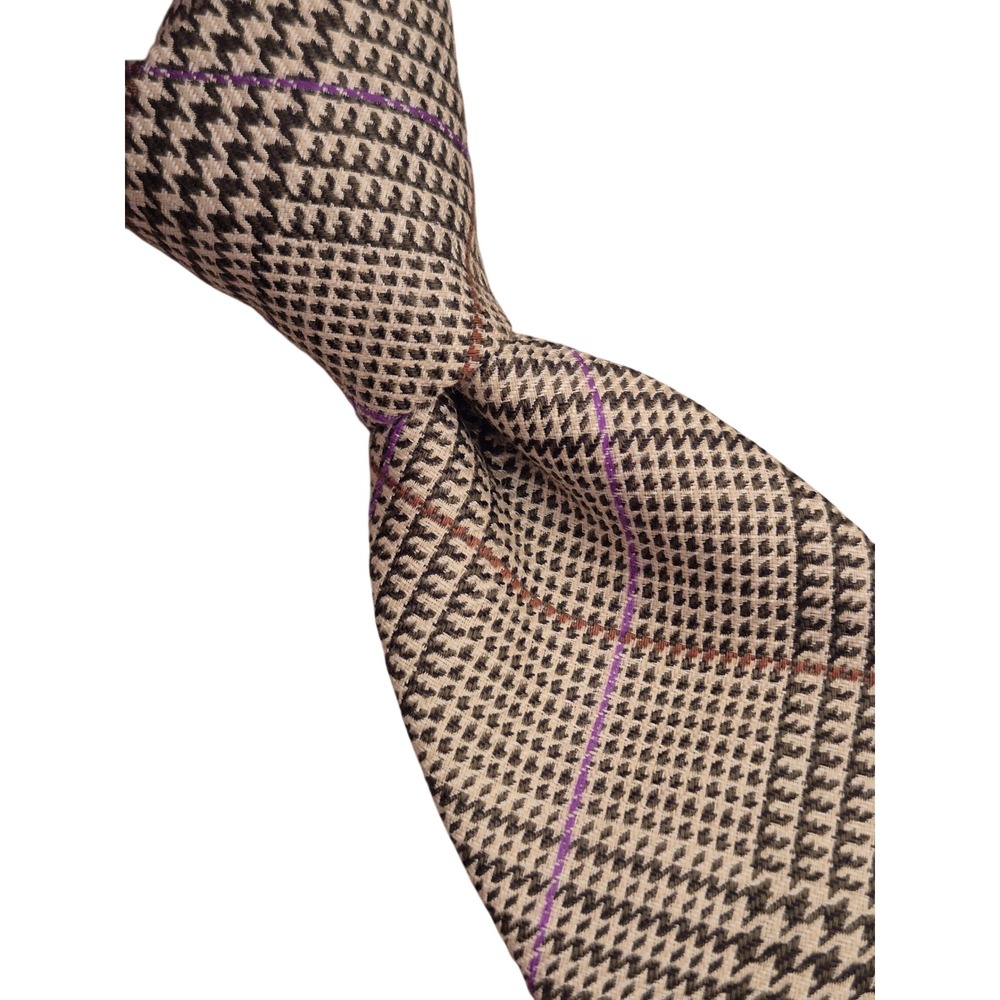 Robert Jensen Mens Wool Tie Houndstooth Windowpane Tab Beige Purple Italy
